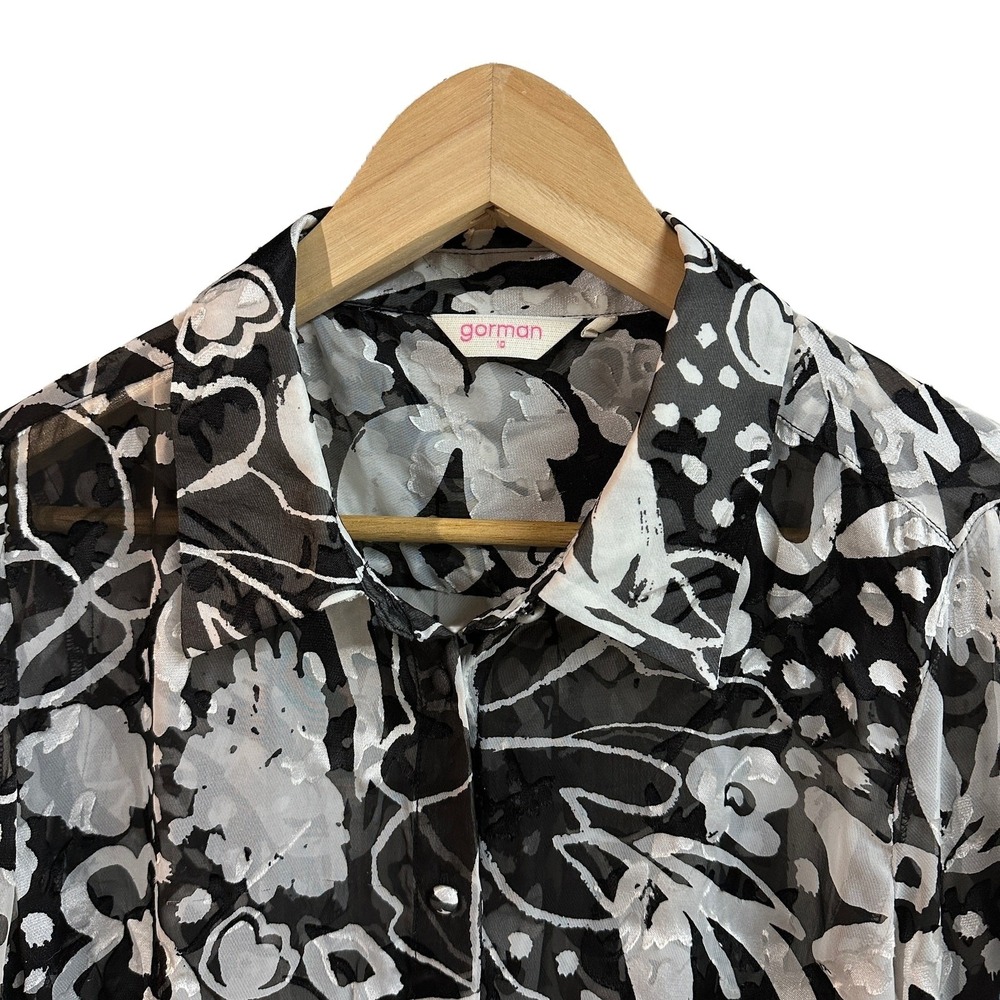Gorman Black White Floral Burnout Devore Sheer Button Down Shirt Womens 10 - Picture 2 of 6
